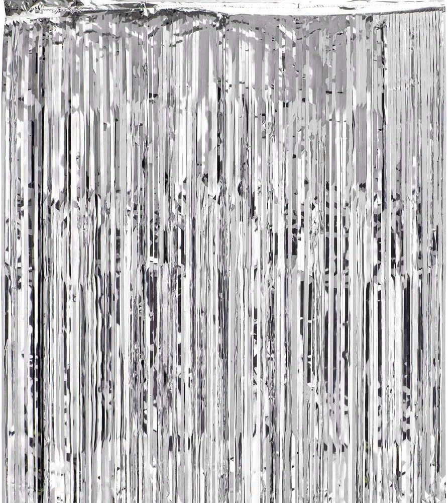 Qadira Fringe Curtains, 3.3ft x 9.8ft Metallic Tinsel Foil Fringe Curtains Party Tassels for Party Photo Backdrop Wedding Decorations (Silver)