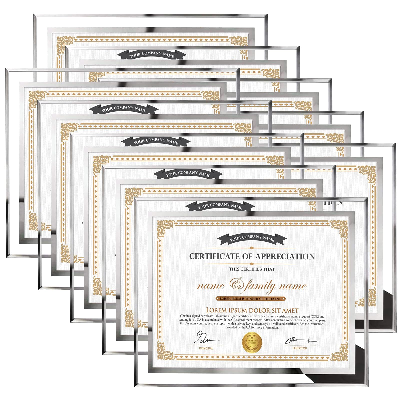 Photo 1 of Hoikwo 8.5x11 Picture Frames, 10 Packs Silver Glass Certificate Frames for Document Diploma Award, Only for Tabletop Display Vertically or Horizontally