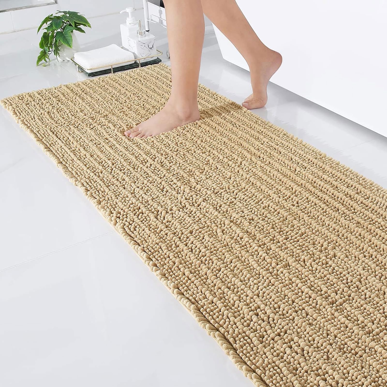 Photo 1 of Arotive Luxury Chenille Bathroom Rug Mat, Extra Soft Thick Absorbent Shaggy Bath Rugs, Non-Slip Machine Wash Dry, Plush Bath Mats for Bathroom, Shower and Tub, 70x24, Beige