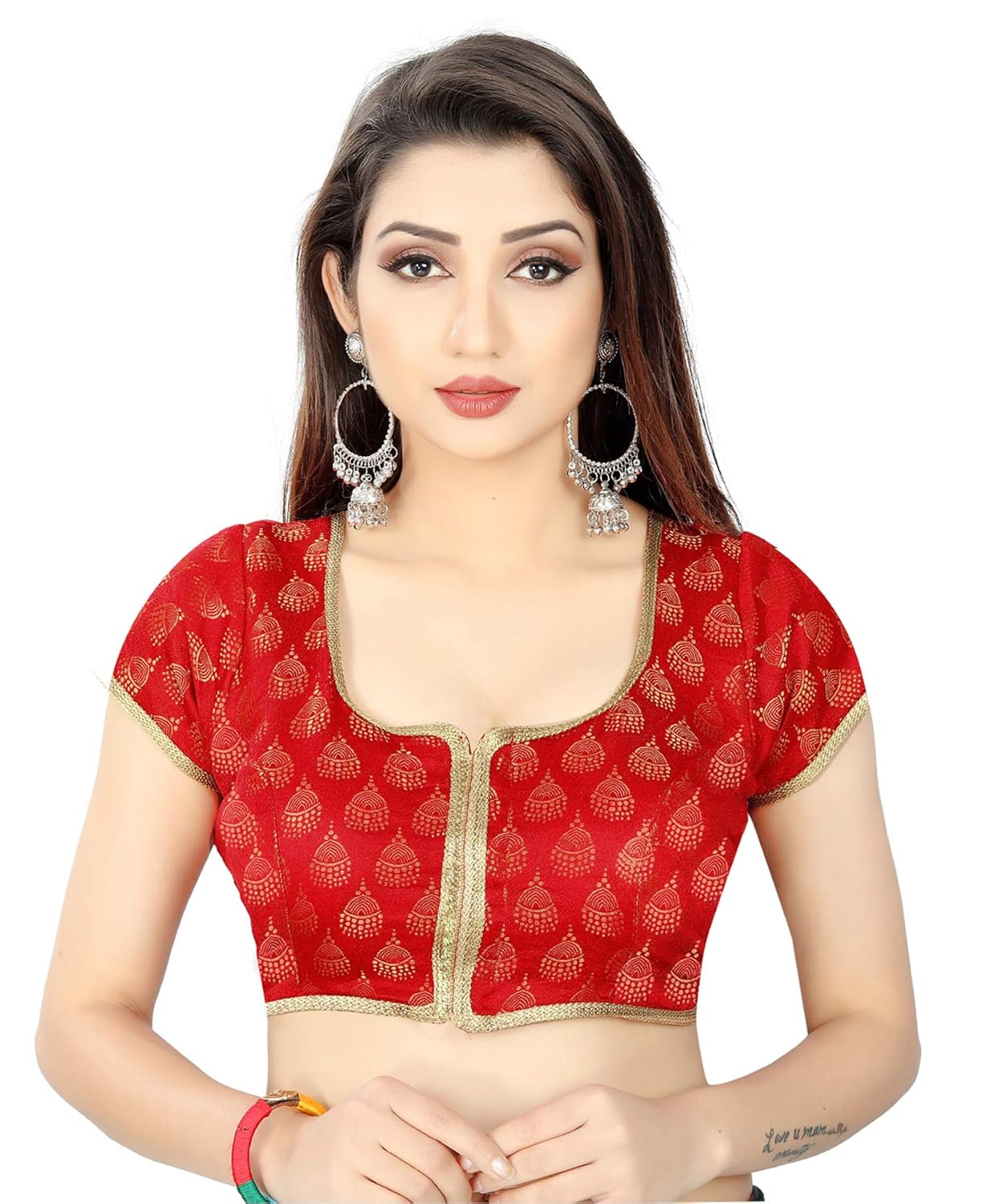 spangel fashion red jhumki pattern round neck women's ready made saree's blouse