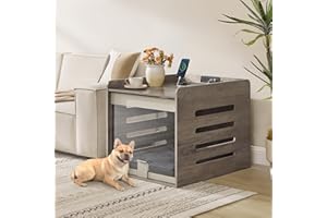 Feandrea Modern Dog Crate Furniture with Charging Station, Kennel Indoor with Flip-up Hidden Acrylic Door, for Small and Medium Dogs up to 45 lb, Side End Table, Heather Greige UPOC021G01