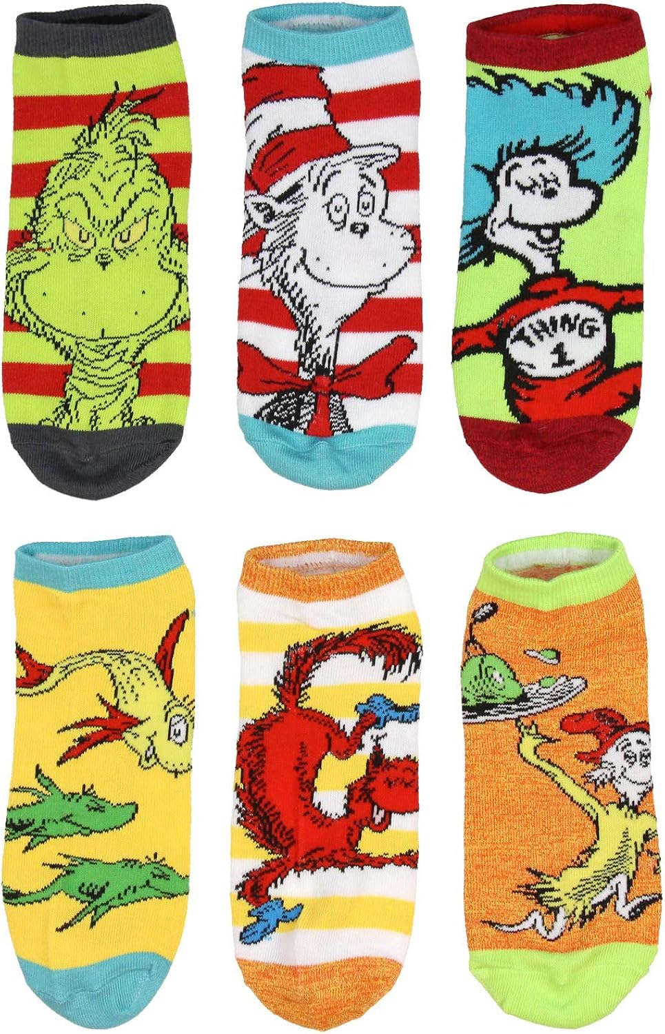 Dr. Seuss Socks Adult Book Character Designs 6 Pack Mix and Match No Show Ankle Socks, 9-11: Clothing