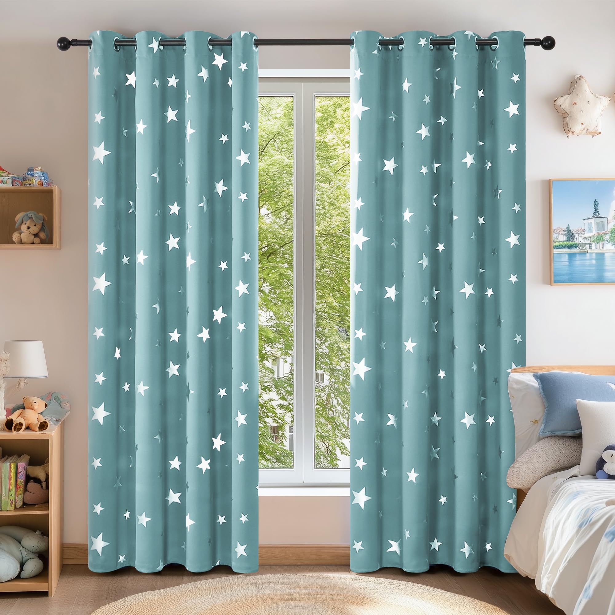 Deconovo Eyelet Blackout Curtains Thermal Insulated Noise Reducing Silver Star Foil Printed Curtains for Bedroom 52x63 Inch Sky Blue 2 Panels