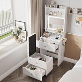 Make Up Vanity Desk with Mirror and Lights,Small Vanity With Storage Chair | White Vanity Table Set with Charger Station