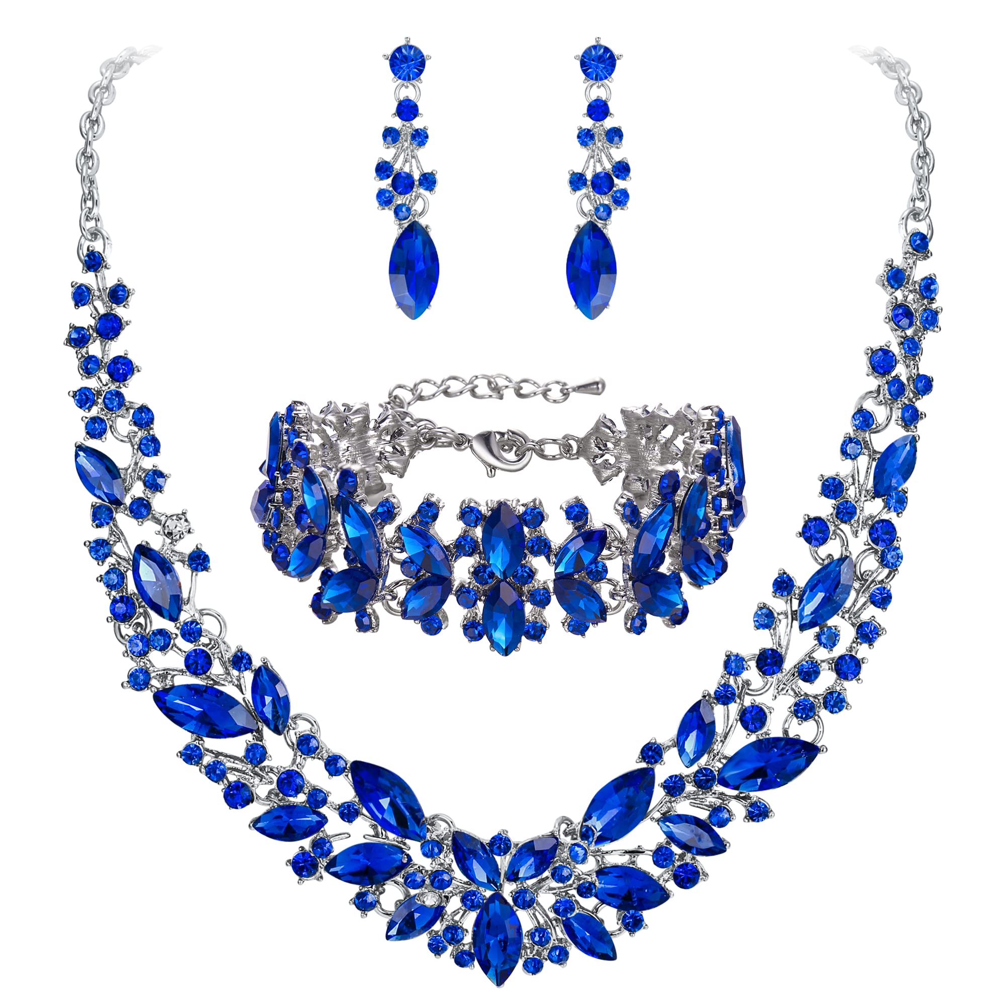 Clearine Wedding Bridal Crystal Marquise Cluster Collar Necklace Earrings Bracelet Prom Jewellery Set for Women Blue Silver-Tone