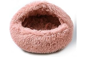 BELEEWILWON Cat Bed for Indoor Cats, Calming Cozy Cave with Self-Warming Plush, Entire Bed Machine Washable & Anti-Slip Base, Breathable Pet Bed for Small Cats&Dogs All Seasons (Leather Pink, 20 * 20inch)
