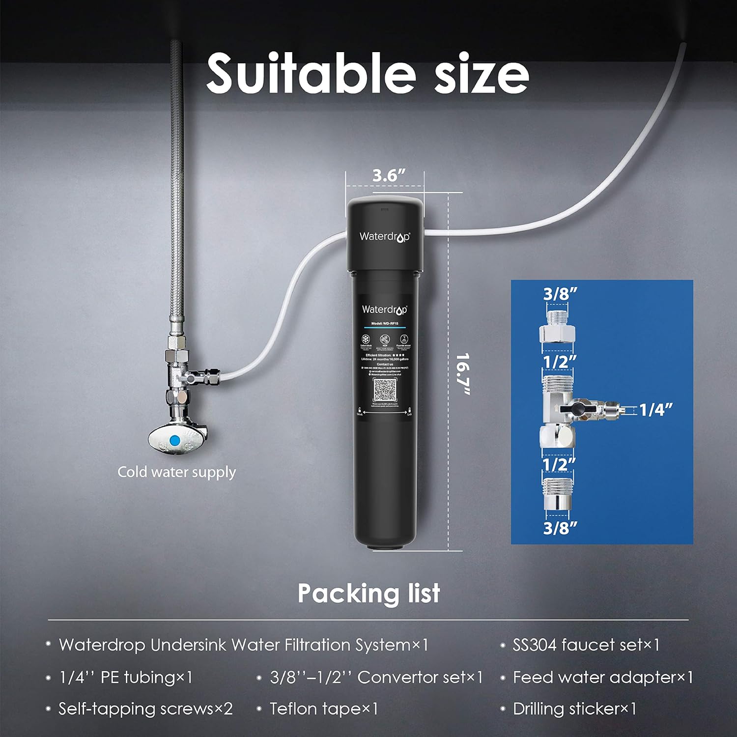 Waterdrop 15UB-UF Under Sink Water Filter System, 0.01 Micron Ultra Filtration Under Counter Drinking Water Filtration System, with Dedicated Brushed Nickel Faucet, 16K High Capacity, USA Tech - - 