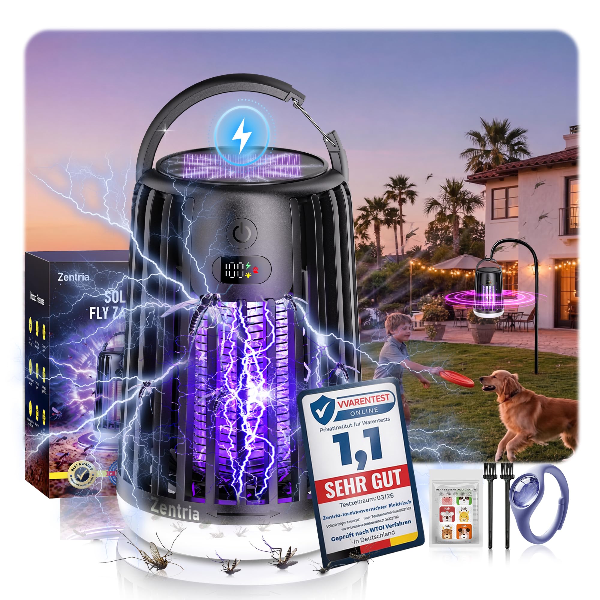 2026 Neu Upgraded Solar Insektenvernichter Elektrisch【DE-Lab #1 Dual-Wave】 Elektrische Fliegenfalle Elektrisch 【30% weniger Knall, sanfter】 Mückenlampe mit Akku für Haus, Garten, Camping etc