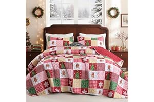 FROZZUR Christmas Quilt Set Queen Size - Plaid Patchwork Bedding with Gingerbread Design, Christmas Tree and Snowflake Bedspread Coverlet, Lightweight Soft Winter Comforter for Gift & Holiday Home Decor
