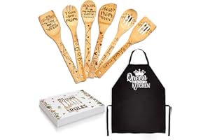Taesun Gifts for Mom, Christmas Kitchen Gifts for Mom from Daughter, Birthday Gift Wooden Cooking Spoons Set Bamboo Kitchen Cooking Utensils Set with Apron Set Santa Stocking Stuffer Gift