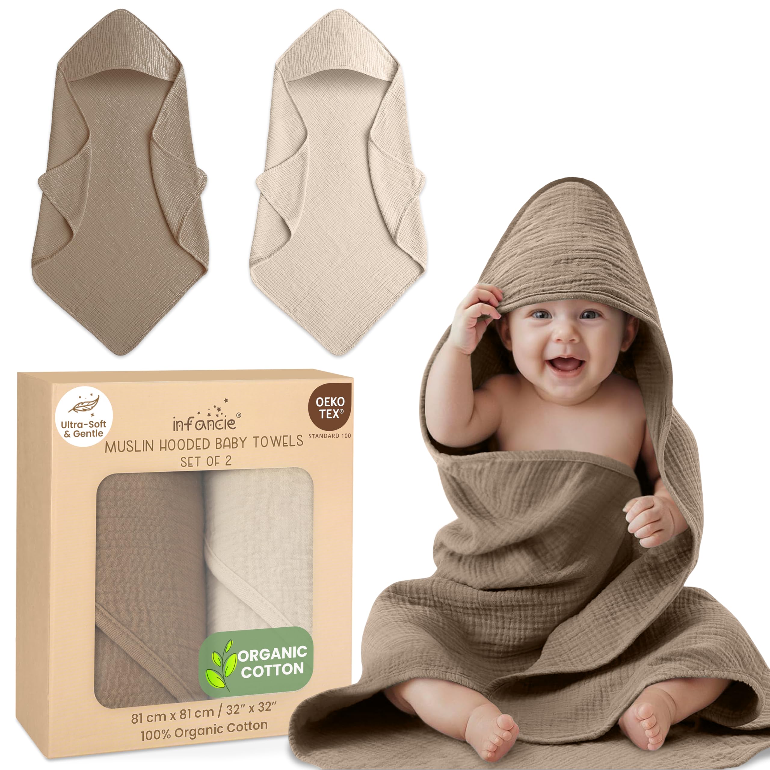 Photo 1 of Organic Cotton Muslin Baby Hooded Towels - 32x32 Inch, 2 Pack Newborn Bath Towels for Boys & Girls, Soft & Absorbent Bath Set (Olive/Ivory)