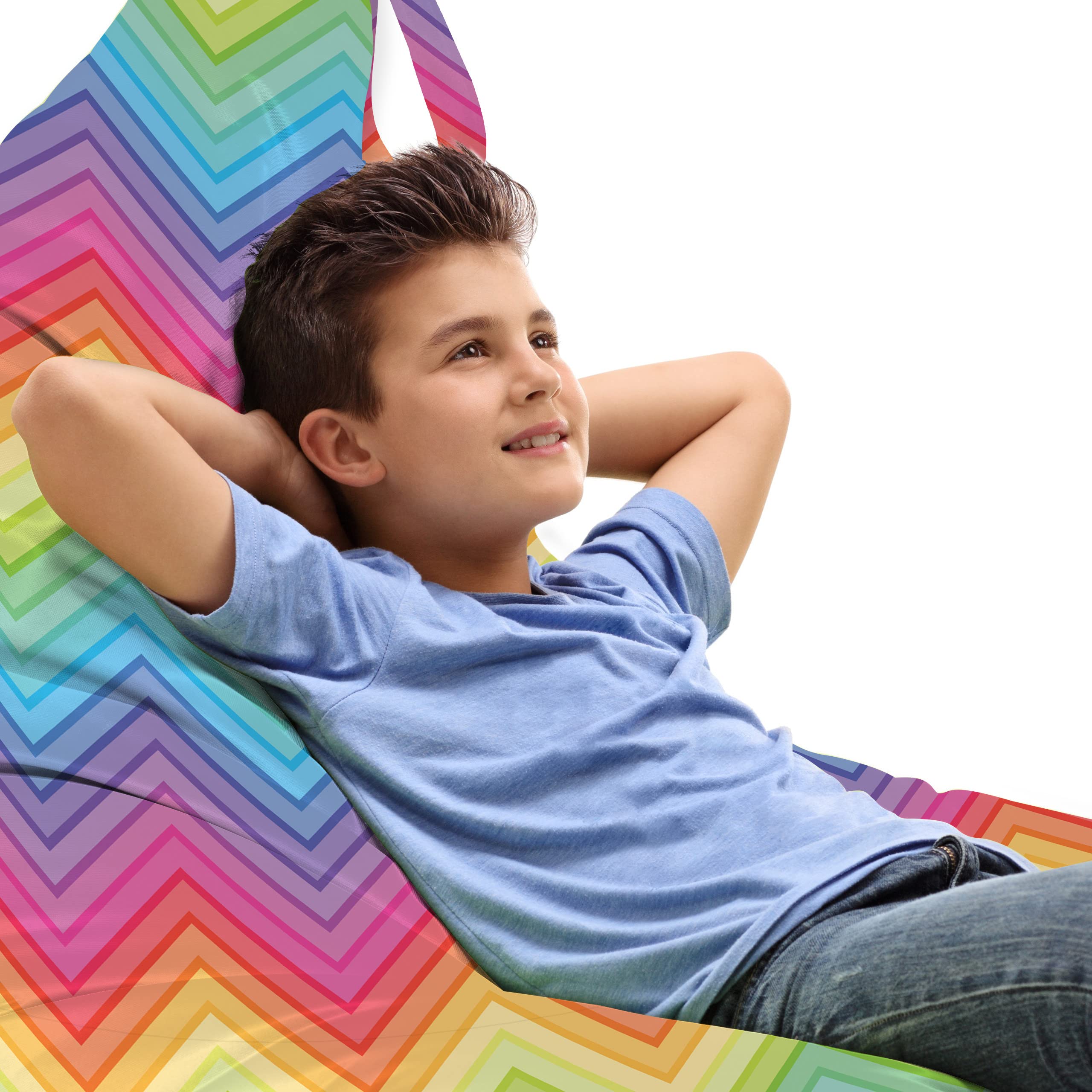 ABAKUHAUS Rainbow Toy Bag Lounger Chair, Colorful Vivid Chevron, High Capacity Stuffed Animal Storage with Handle, Multicolor
