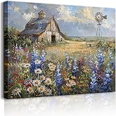Barn Windmill Canvas Wall Art Blue Country Wildflowers Meadow Wall Decor Country Farmhouse Landscape Picture Poster Print for Kitchen Living Room Bedroom Ready to Hang (12x16in Canvas)