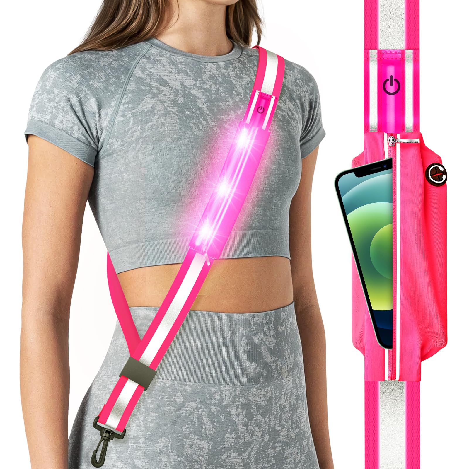 LED Reflective Belt Sash for Walking at Night, Night Running Safety Gear High Visibility Rechargeable LED Light Up Running Belt for Runners Walkers Men Women