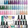 PHOENIXY 24 PCS Gel Nail Polish Kit，Blue Colors Gel Polish Set with Base Glossy Matte Top Coat Purple Pink Nail Polish Set