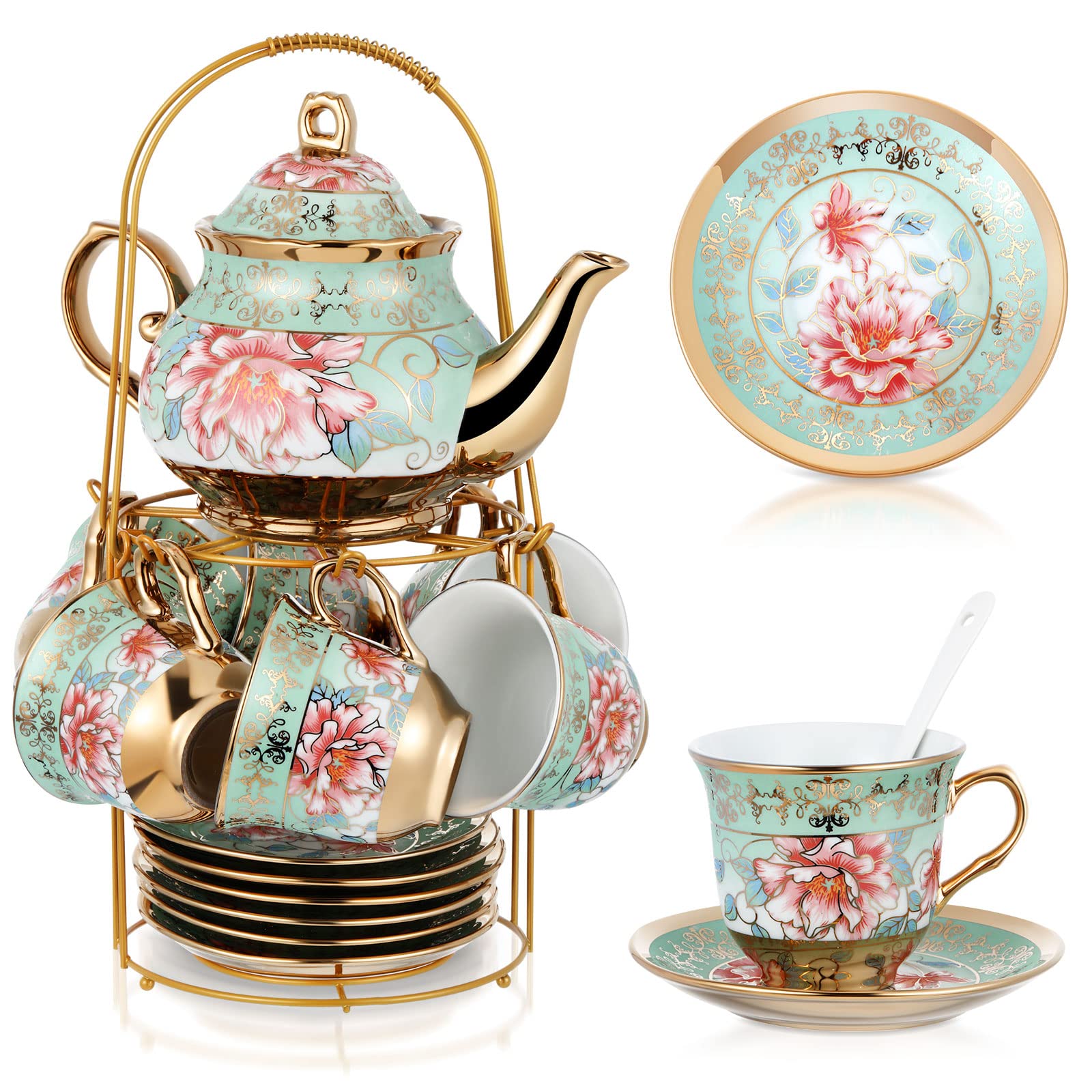 Photo 1 of Zhehao 20 Pcs Porcelain Tea Set with Metal Holder and Spoon Adult Ceramic Tea Party Set European Flower Painting Teapot Cup Saucer Spoon Set for Women, Large Version(Fresh Style)