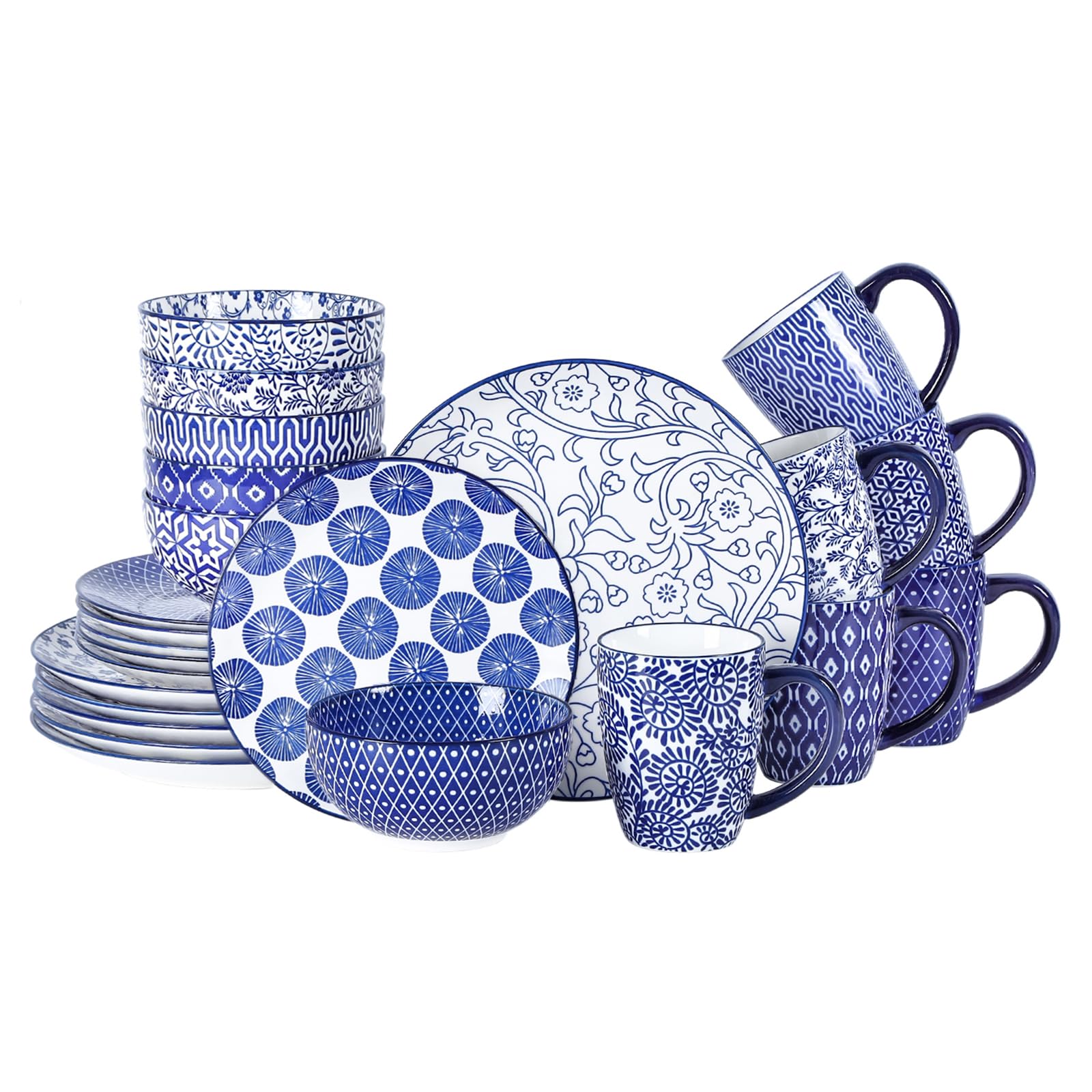 Selamica Ceramic Dinnerware Sets for 6, 24 Piece Plates and Bowls Sets, Scratch Resistant Dishes Set-Dishwasher & Microwave & Oven Safe, Vintage Blue A Image