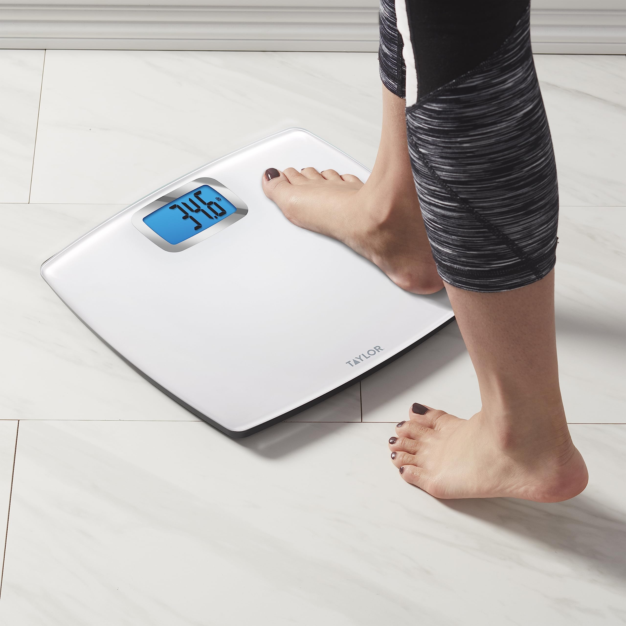 Taylor Digital Scales for Body Weight, Extra High Accurate 440 LB Capacity, Unique Blue LCD, Bright White Finish Extra LargePlatform, 12.2 x 13.5 Inches, White