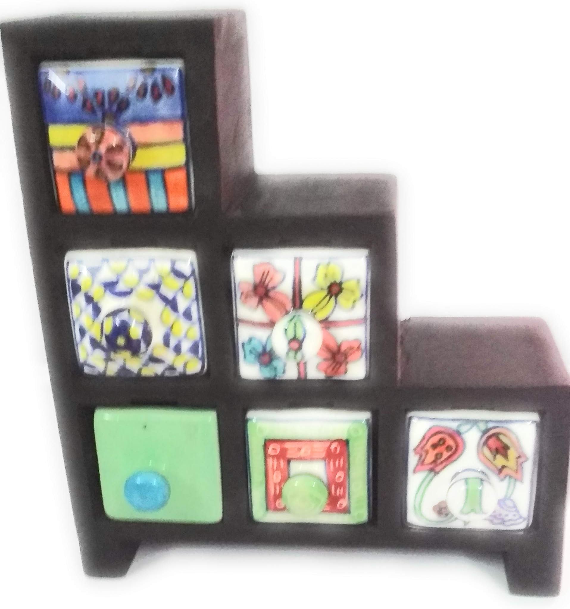 Sankalan Art Gallery Wooden Box with 6 Ceramic Drawers, Multi Purpose. Handicraft Item.