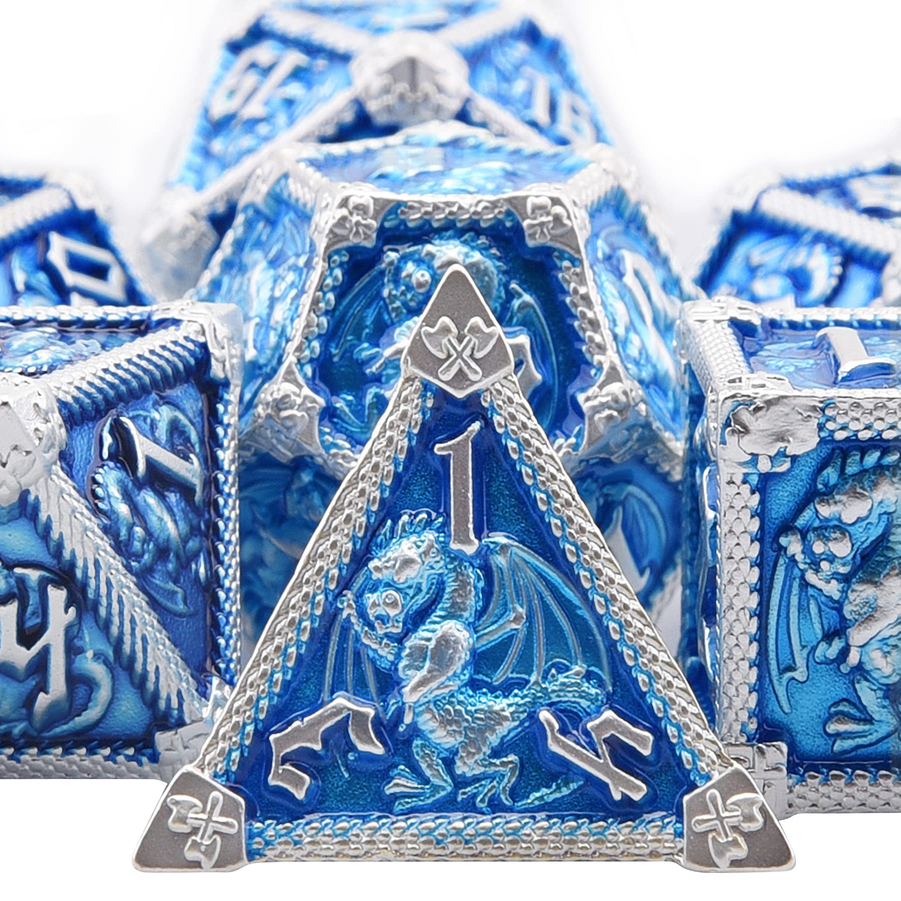 SIQUK 7-Die Metal Dice for DND Polyhedral Dice with Box D20 D12 D10 D% D8 D6 D4 Dice Set for Dungeons and Dragons Roll Playing Game RPG MTG Board Games (Sky Blue with Silver Edge)