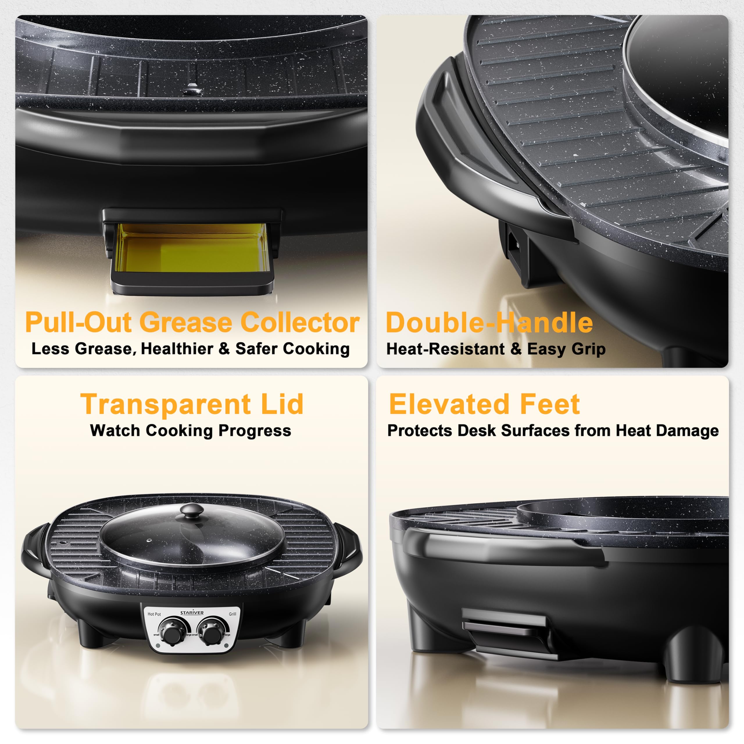 Stariver Hot Pot Electric with Grill 2 in 1, Indoor Korean BBQ & Shabu Shabu, Features Easy-clean Non-stick Coating, Dual Controls, 1800W Fast Heating, Perfect for Family Gatherings or Friends Parties