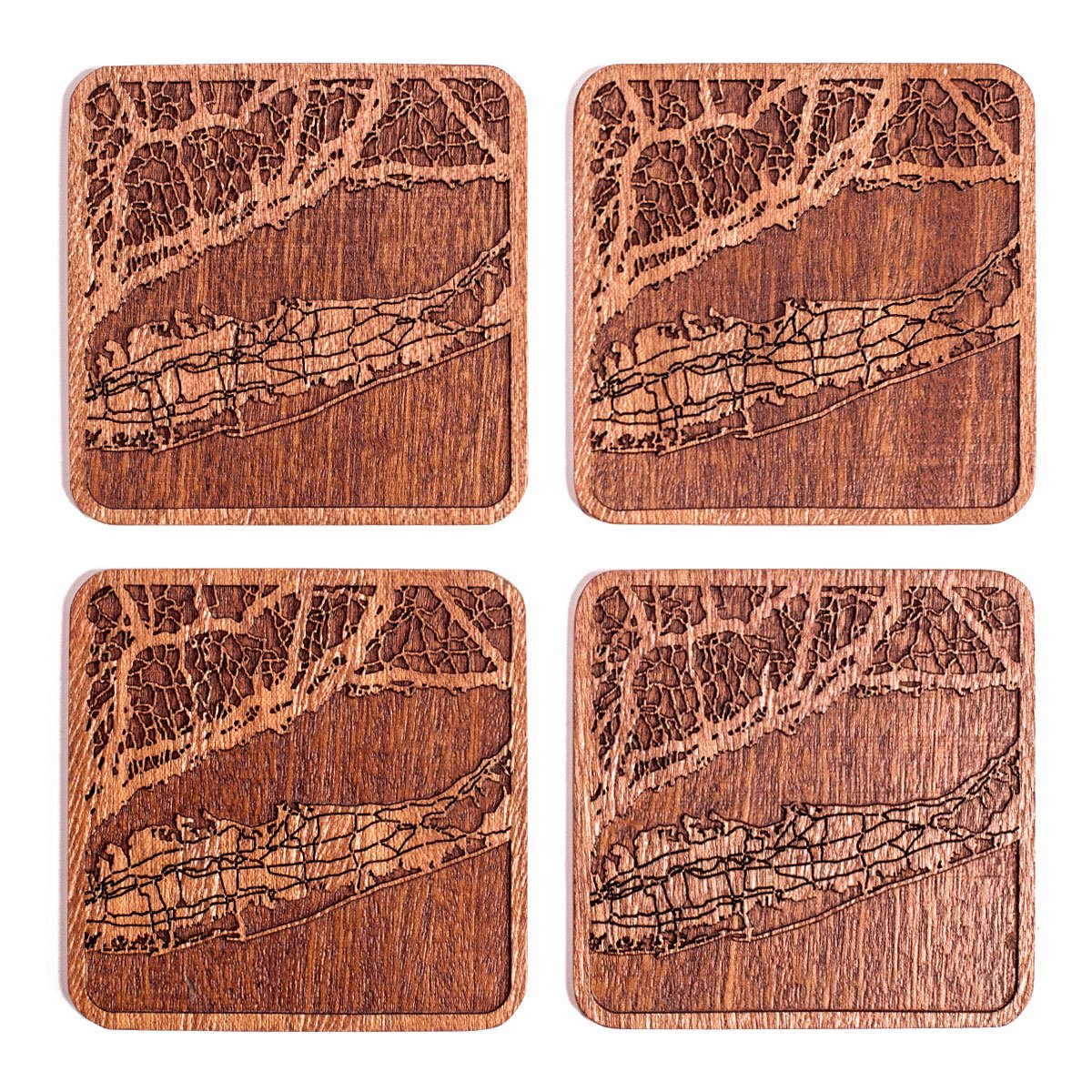 Long Island Map Coaster, Set of 4, Sapele Wooden Coaster with City Map, Handmade