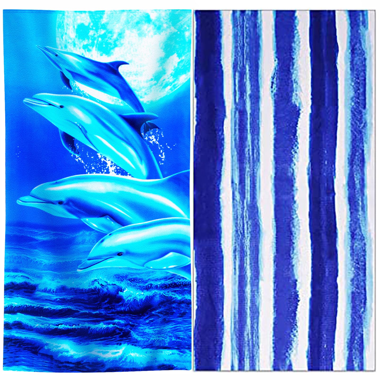 Genovega 2 Packs Oversized Beach Towel Set Extra Large Big XL Pool Camping Swim Clearance Towels 36x72 Soft Blanket Cruise Essentials Accessories Must Haves Vacation Necessities Adult Stripe Dolphins