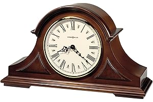 Howard Miller Burton II Mantel Clock, Decorative Top Molding with Triangular Burl Overlays, Analog Dial Roman Numerals Triple-Chime Movement, Volume Control Timepiece for Home Decor & Office