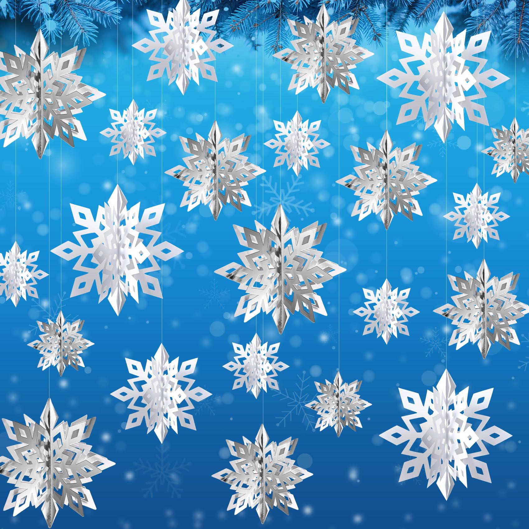Photo 1 of 24PCS Snowflake Christmas Decorations, 3D Large White Silver Paper Snowflakes Garland Hanging Snow Flakes for Winter Wonderland Christmas Party Decorations Holiday New Year Home Decor, Mirralescent