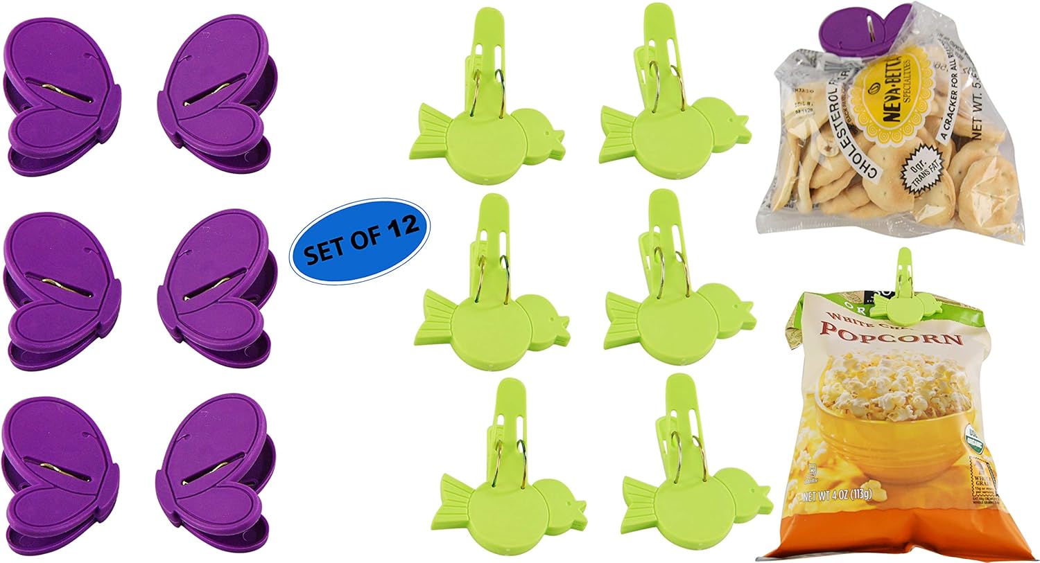 Home-X Butterfly and Bird Clothespins, Plastic Bag Clips, Clothes Hangers, Food Clips, Crafts, Photo Display-Set of 12 (3”L)