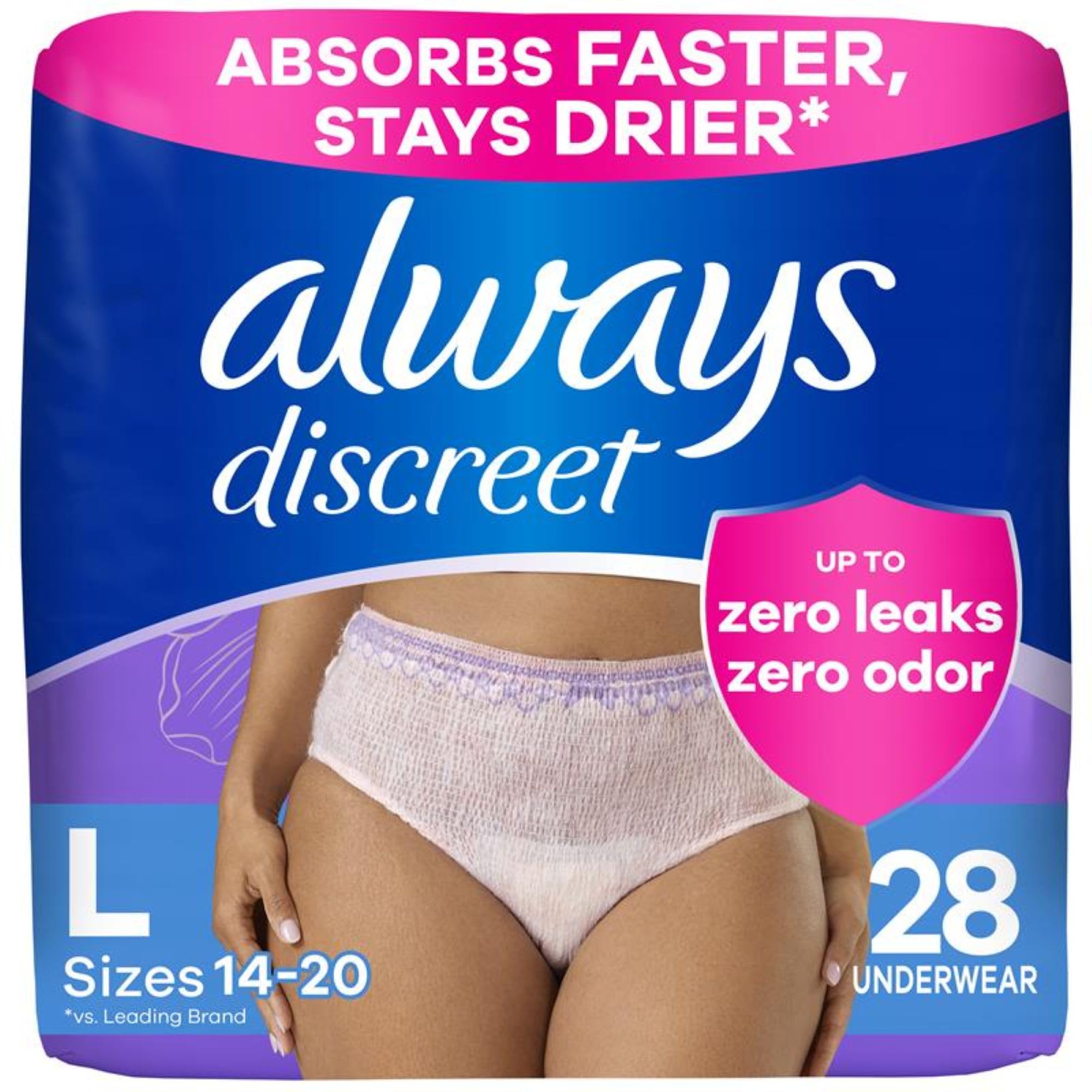 Photo 1 of Always Discreet Adult Diapers for Women, Incontinence Underwear, Postpartum Essentials, Disposable Briefs, Max Absorbency, Bladder Leak Protection, Large, 28ct