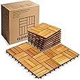 CLOVERHOLM Interlocking Deck Tiles 12x12 inches, 10PCS Waterproof Acacia Wood Patio Tiles, Easy Snap Flooring Tiles for Indoor and Outdoor,Balcony, Entry, Poolside Tiles, Checker Pattern 12S, Natural