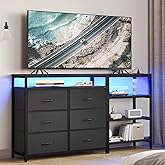 BTHFST TV Stand for Bedroom with Charging Station and LED Lights, Entertainment Center for 60 Inch TV with 6 Fabric Drawers, TV Console with Open Shelf for Living Room, Black