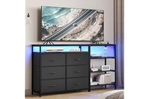 BTHFST TV Stand Dresser Bedroom for 60 Inch TV with LED Lights & Charging Station, Changable L Shape Corner TV Stand, 6 PU Drawers, 3 Open Shelves Entertainment Center (Black)