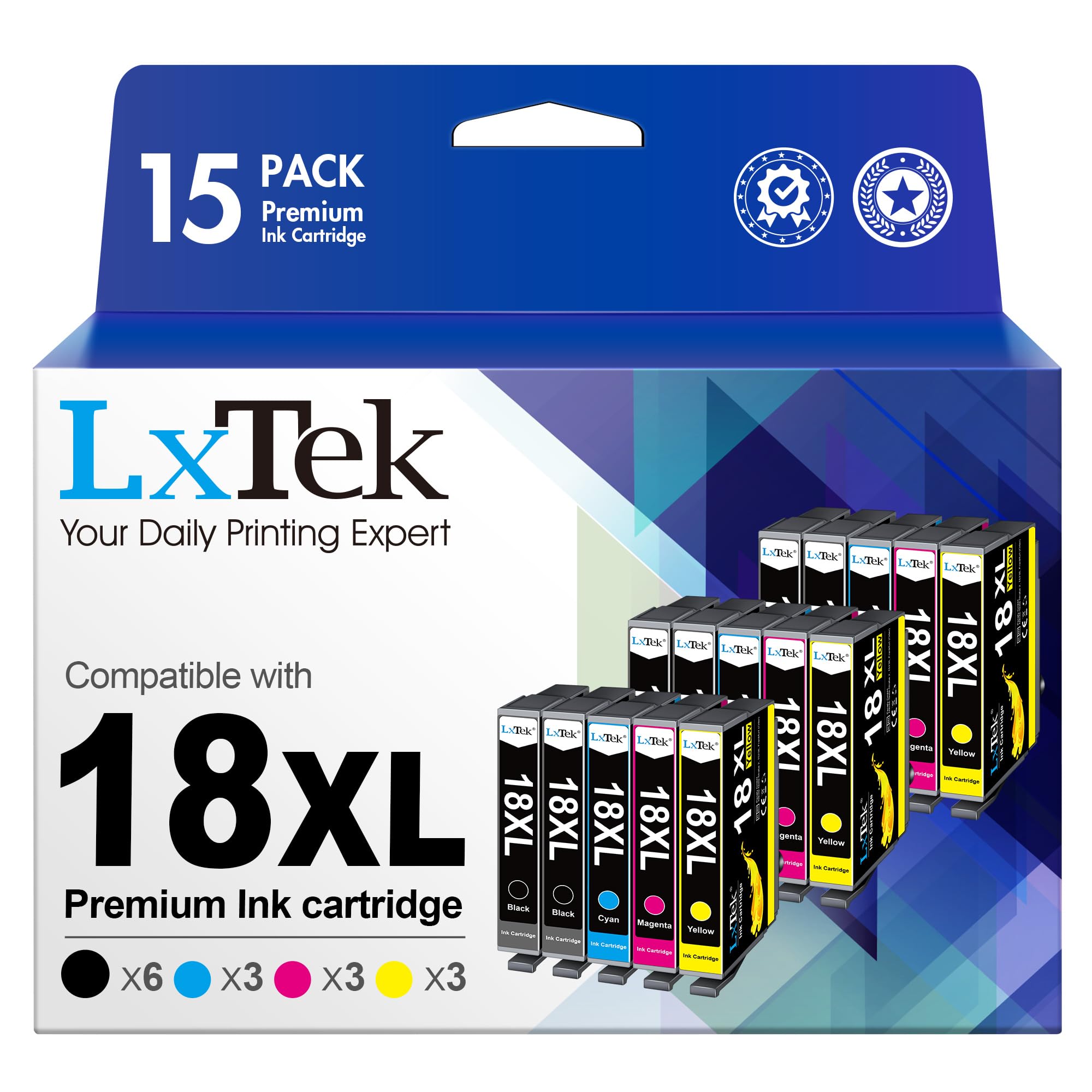 LxTek 18XL Ink Cartridge Compatible for Epson 18 Ink for Epson Expression Home XP-322/215/205/225/305/425/315/312/425/412 (6black 3cyan 3magenta 3yellow,15-pcack)