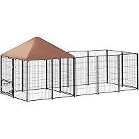 PawHut Outdoor Dog Kennel, Dog Run Outdoor with Rotating and Adjustable Height Bowls, Waterproof UV-Resistant Cover, Secure L