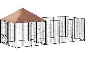 PawHut Outdoor Dog Kennel, Dog Run Outdoor with Rotating and Adjustable Height Bowls, Waterproof UV-Resistant Cover, Secure L