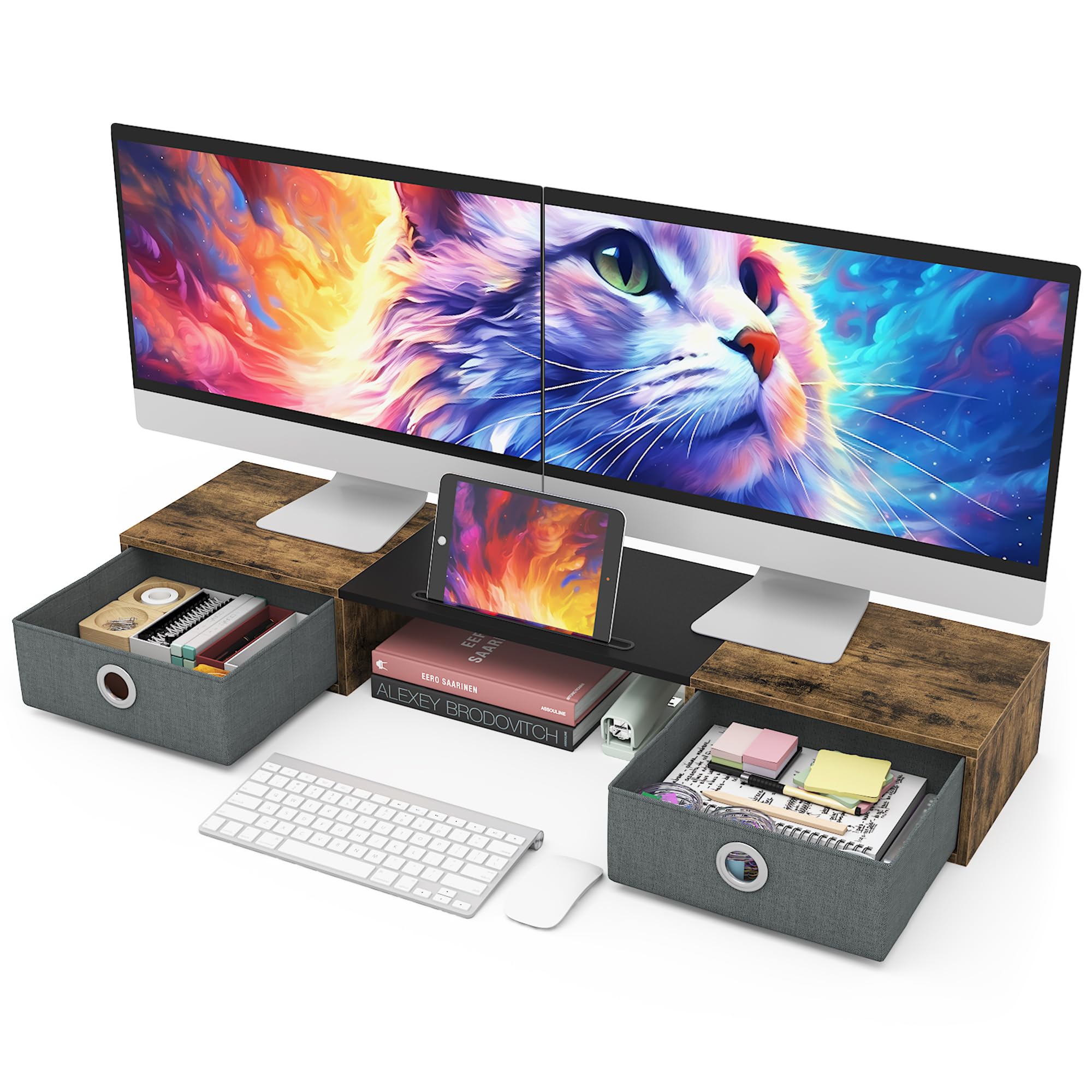 Photo 1 of WESTREE Dual Monitor Stand Riser with Two Drawers, Extra Large Storage for 2 Monitors, Desktop Oraganizer Computer,Laptop,Screen,Printer,TV