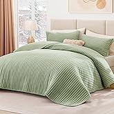 Love's cabin Velvet King Size Quilt Bedding Set Bedspreads - Luxury Velvet Lightweight Bedspread - Striped Pattern Comforter Coverlet for All Season - Sage, 3 Piece (1 Quilt, 2 Pillow Shams)