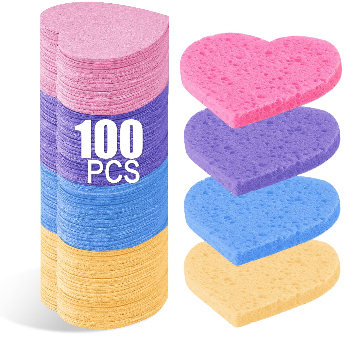 100-Count Compressed Facial Sponges for Estheticians Heart Shape Natural Cellulose Sponge Professional Cosmetic Spa Sponges for Face Cleansing, Massage, Pore Exfoliating, Mask, Makeup Removal, Mixed