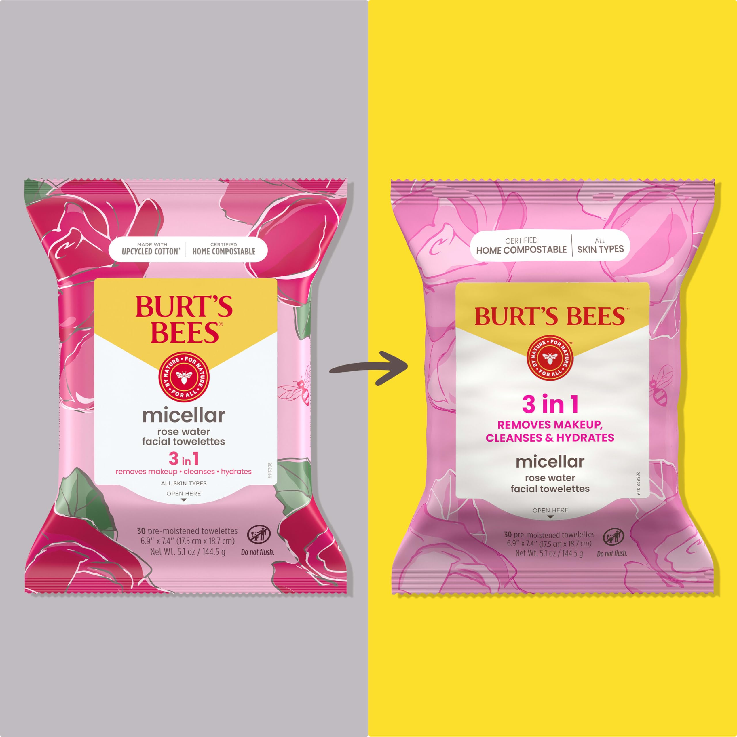 Burt’s Bees Micellar Rose Water Facial Towelettes, 100% Plant Based Cloth; 99% Natural Origin; Remove Makeup, Cleanse, Hydrate; No Greasy, Oily Residue; All Skin Types (Pack May Vary)