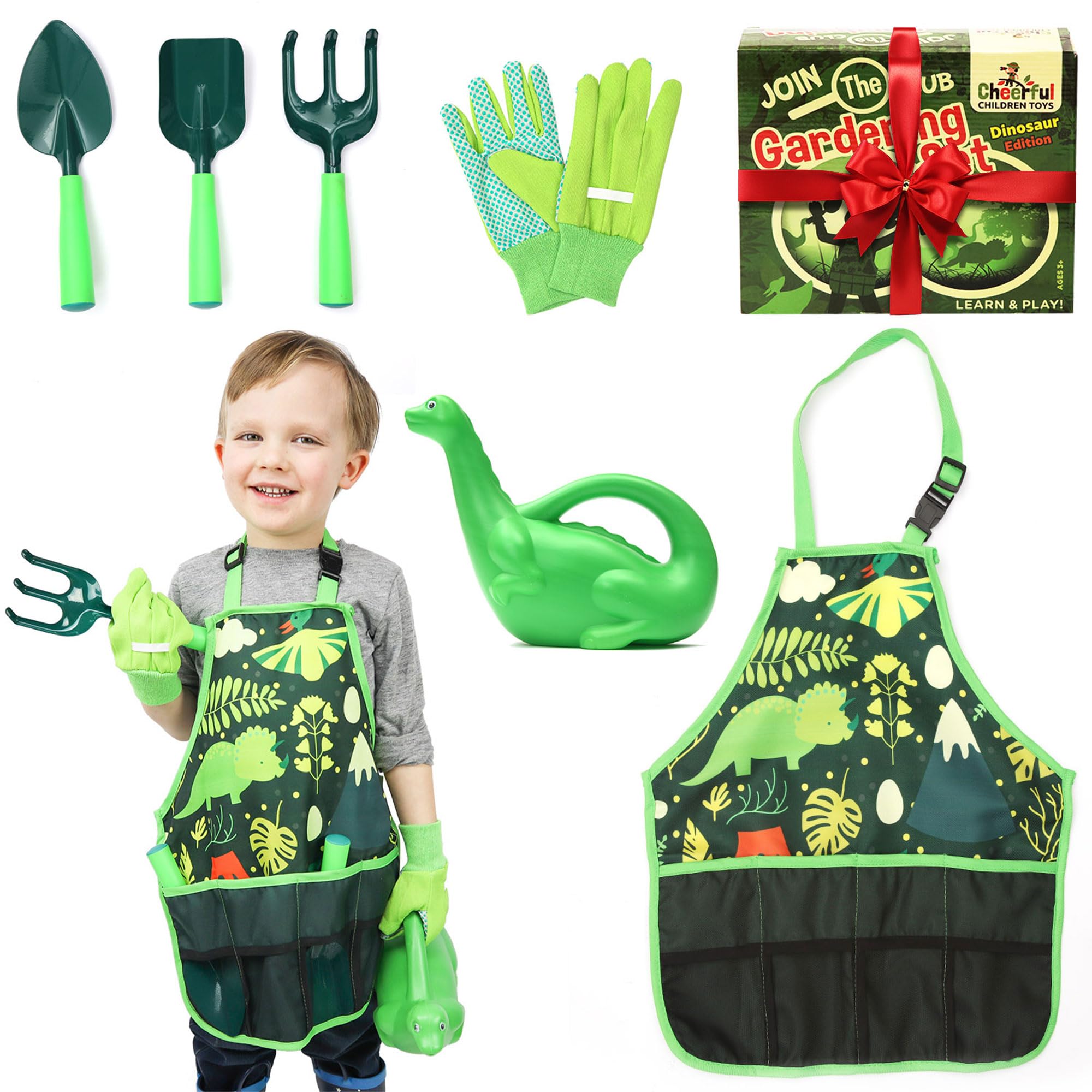 Cheerful Children Toys Kids Gardening Set – Gardening Tools for Kids with Watering Can, Shovels, Rake, Gloves & Apron – Planting Outdoor Activity Garden Toy Set for Girls & Boys Ages 3-7 (Dinosaur)