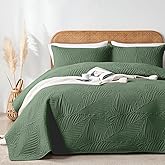 OARAGE Queen Quilt Bedding Set Soft Lightweight Olive Green Bedspread with Leaf Pattern,Ultrasonic Microfiber Bed Coverlet Full Size for All Season (1 Quilt, 2 Shams)