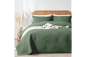 OARAGE Queen Quilt Bedding Set Soft Lightweight Olive Green Bedspread with Leaf Pattern,Ultrasonic Microfiber Bed Coverlet Full Size for All Season (1 Quilt, 2 Shams)