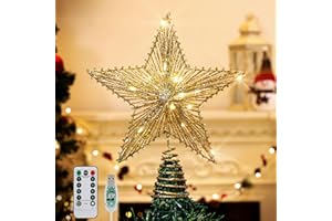 Roylvan Star Tree Topper with 8 Lighting Modes, Glitter Christmas Star Tree Top Light, USB Powered Decorative Treetop Light Xmas Tradition Tree Ornament for Home Decor, 9.8 x 11.8 inch, Gold