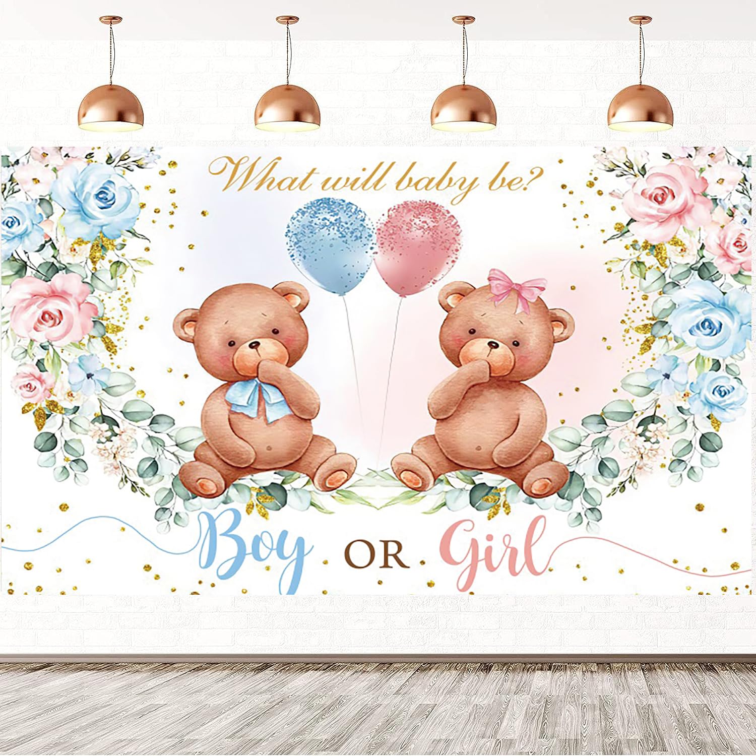 7x5FT Gender Reveal Backdrop Bear Boy or Girl What Will Baby Be Blush Pink Blue Floral Photography Background Gender Reveal Party Cake Table Decorations Banner Photo Booth Props
