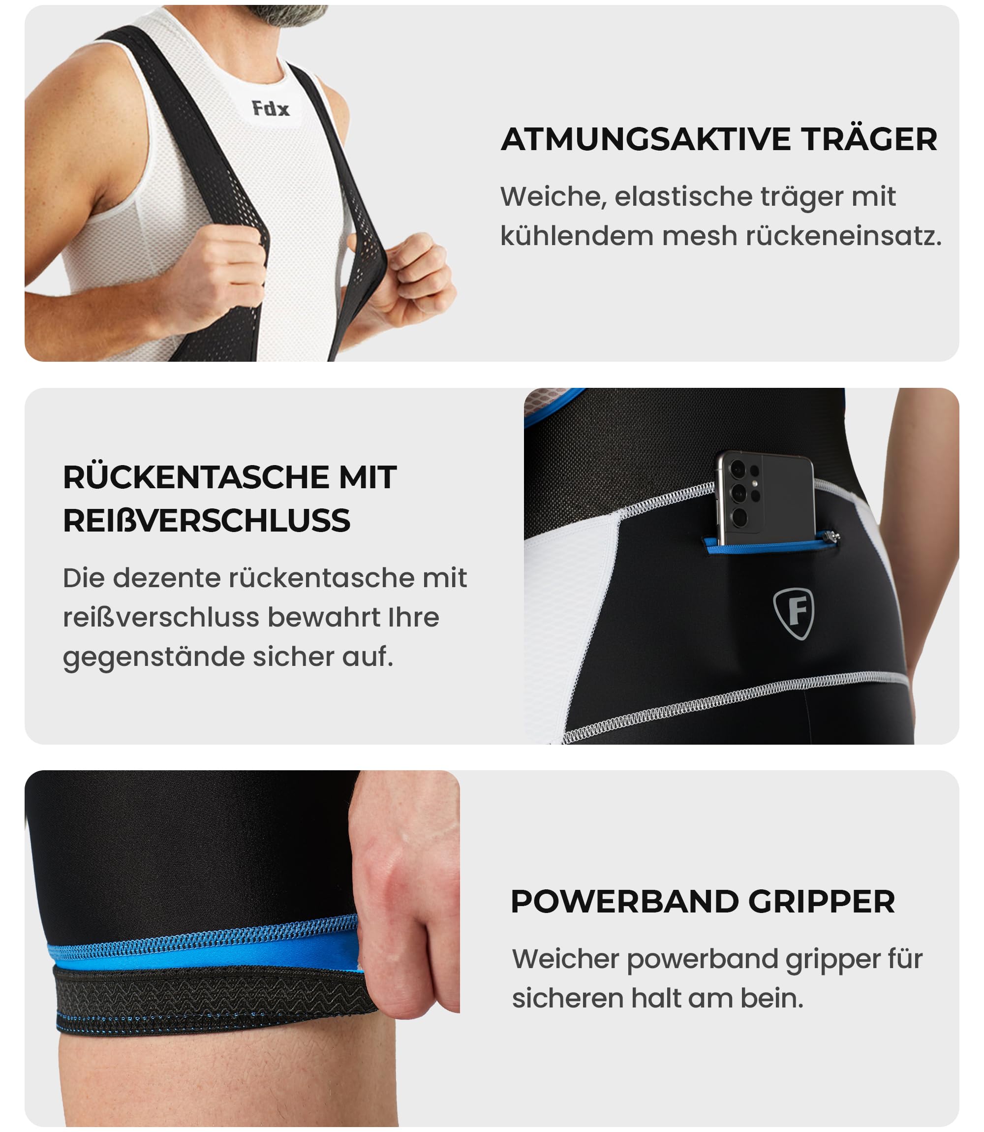 FDX Herren Bib Shorts 3D gepolsterte Radhose mit Mesh Trägern Reißverschlusstasche und Anti Rutsch Beinabschlüssen Atmungsaktive Sommer Radbekleidung (Blk/Blue-L) 3