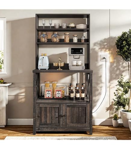 TITIMO Farmhouse Bakers Rack With Trash Can Cabinet & Outlets – 6-Tier Kitchen Coffee Bar Station