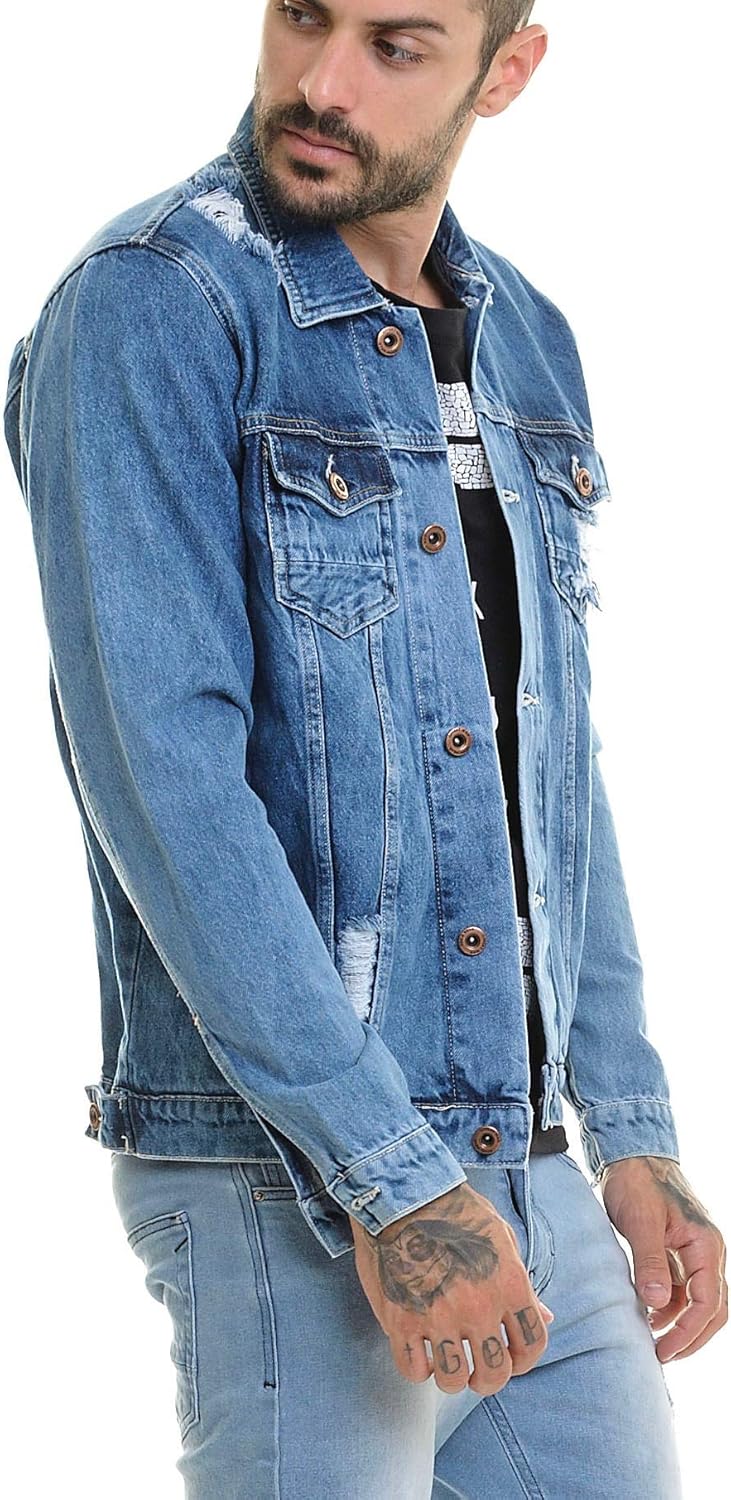 jaqueta jeans rasgado destroyed slim masculina
