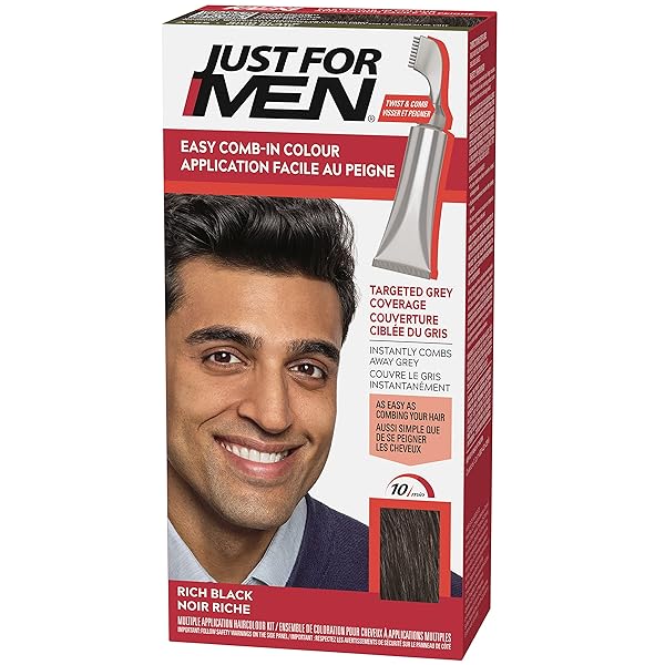 JUST FOR MEN EASY COMB-IN COLOR MENS HAIR DYE, EASY NO MIX APPLICATION WITH COMB APPLICATOR – RICH BLACK, A-65, PACK OF 1